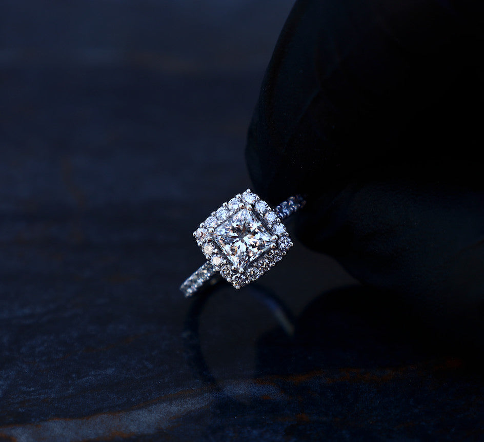 Princess Cut Engagement Ring 18kt WG 3.55gr Band Natural 0.59cttw / PC Center Stone LAB 1.10ct VVS2 - E Cert IGI # LG693513696 Size 6 RN00208