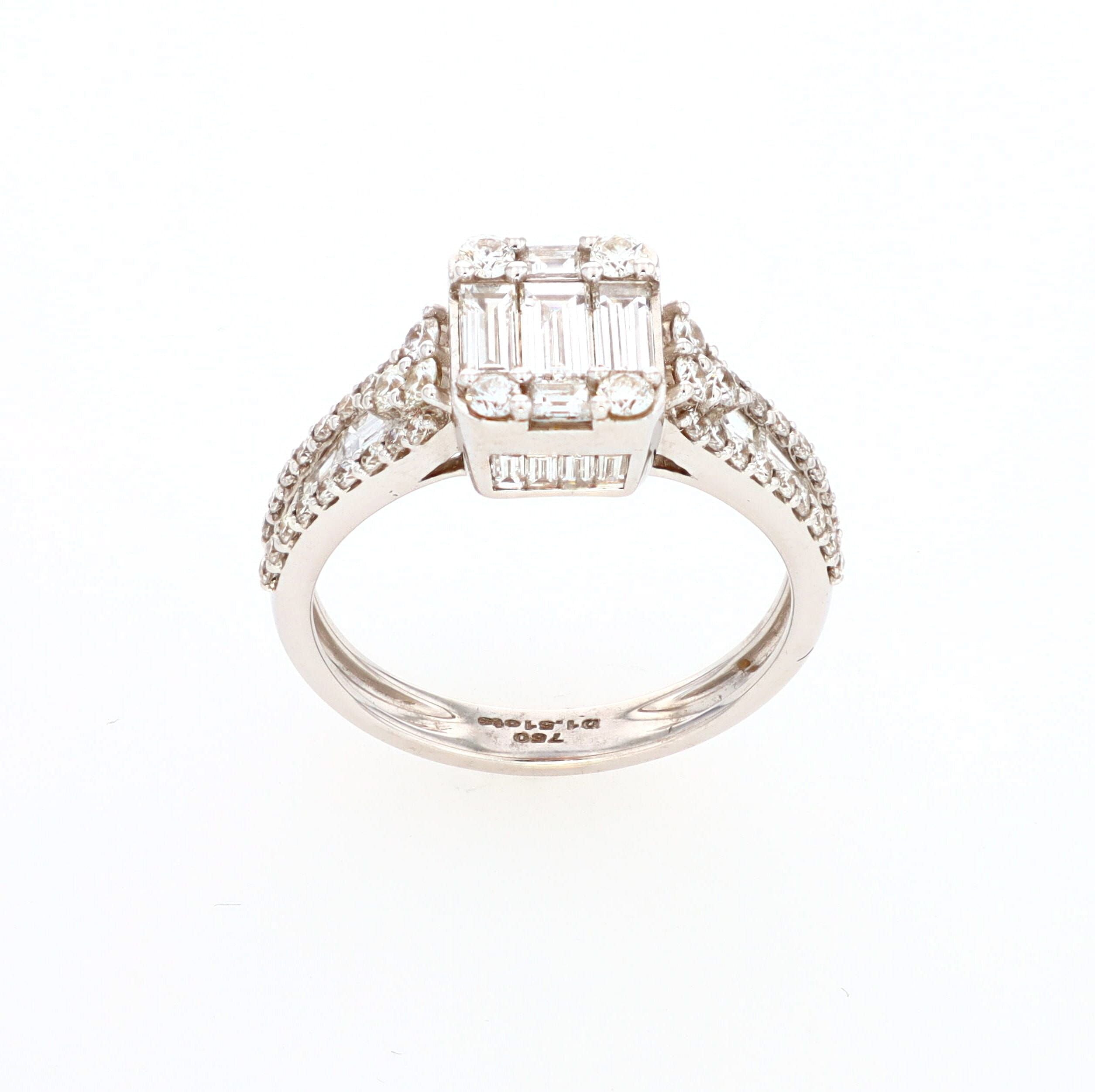 Baguette and Round Cashé Engagement Ring 18kt WG 5.1gr 1.51cttw SI-GHI RN000376