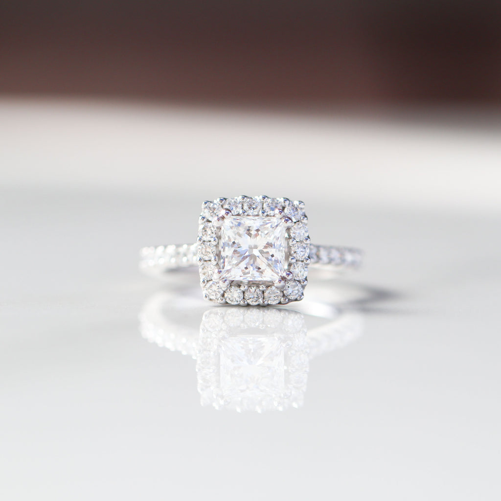 Princess Cut Engagement Ring 18kt WG 3.55gr Band Natural 0.59cttw / PC Center Stone LAB 1.10ct VVS2 - E Cert IGI # LG693513696 Size 6 RN00208
