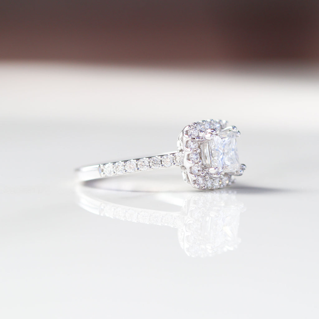 Princess Cut Engagement Ring 18kt WG 3.55gr Band Natural 0.59cttw / PC Center Stone LAB 1.10ct VVS2 - E Cert IGI # LG693513696 Size 6 RN00208