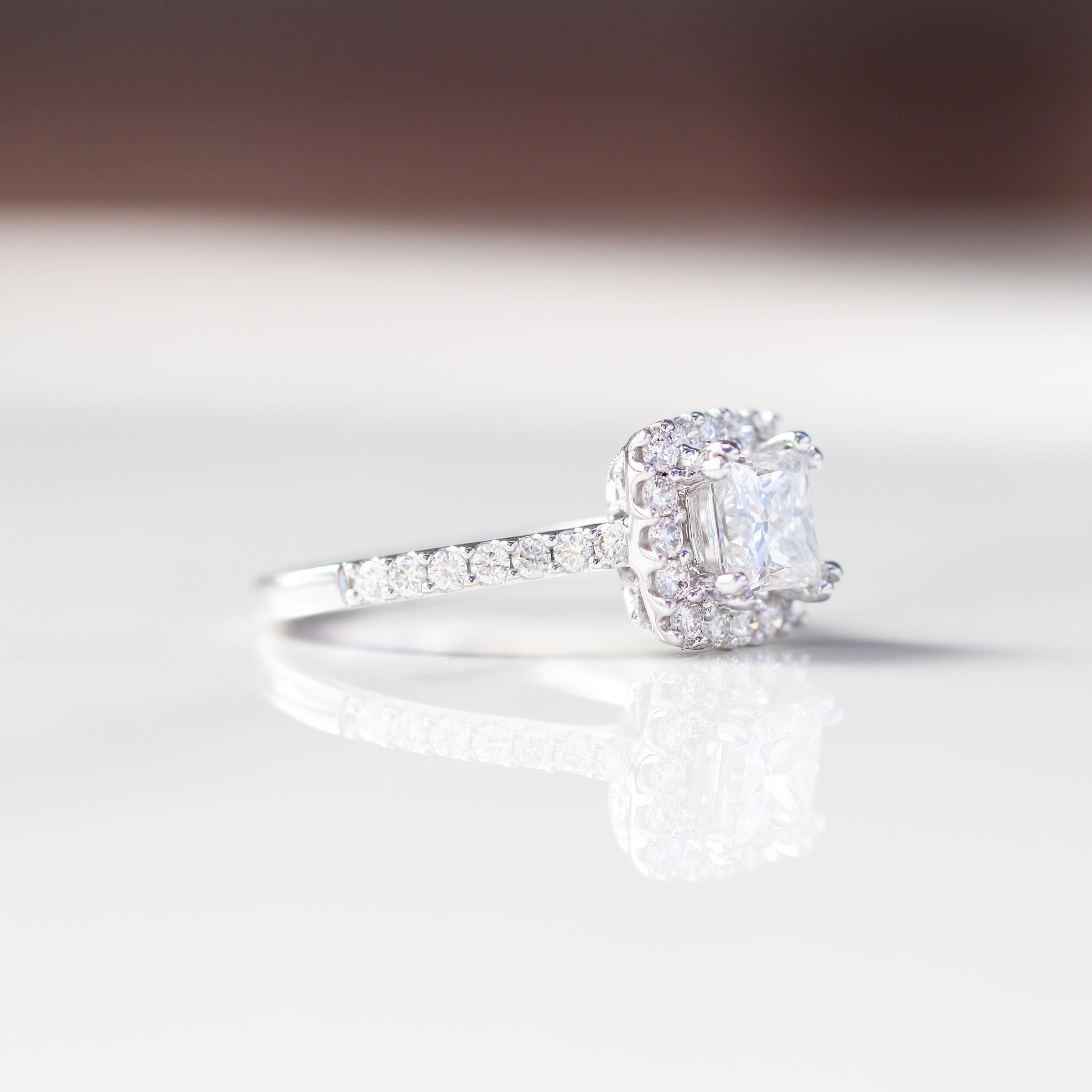 Princess Cut Engagement Ring 18kt WG 3.55gr Band Natural 0.59cttw / PC Center Stone LAB 1.10ct VVS2 - E Cert IGI # LG693513696 Size 6 RN00208