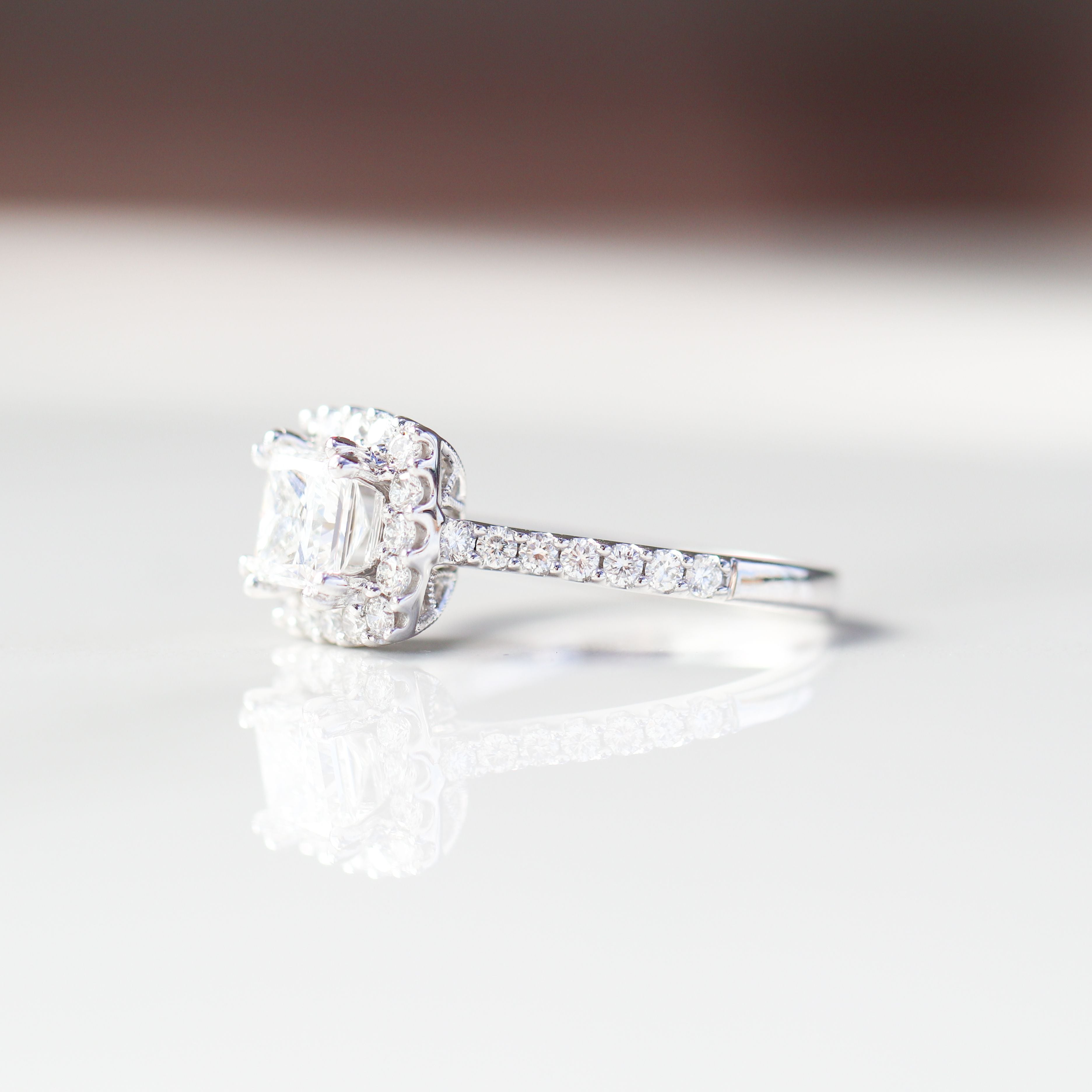 Princess Cut Engagement Ring 18kt WG 3.55gr Band Natural 0.59cttw / PC Center Stone LAB 1.10ct VVS2 - E Cert IGI # LG693513696 Size 6 RN00208