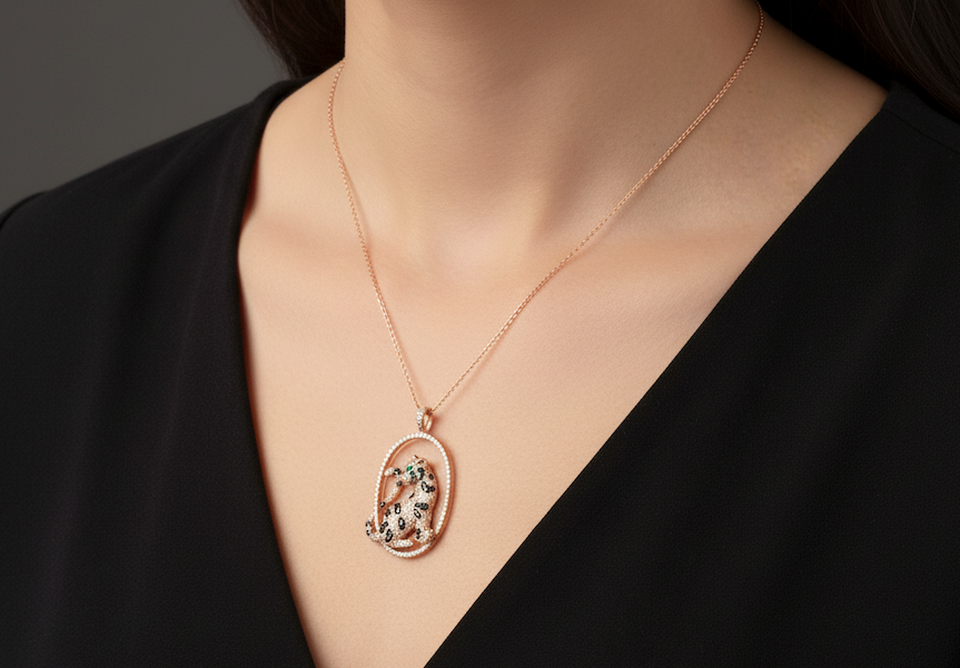 EFFY Panther Set 14kt RG 3.32cttw Diamond & Emerald Set - Necklace 1.75cttw Earrings 1.57cttw NE00131C